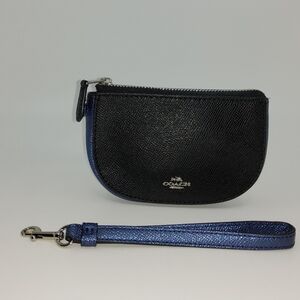 Coach Black Leather Wristlet with Metallic Blue Strap